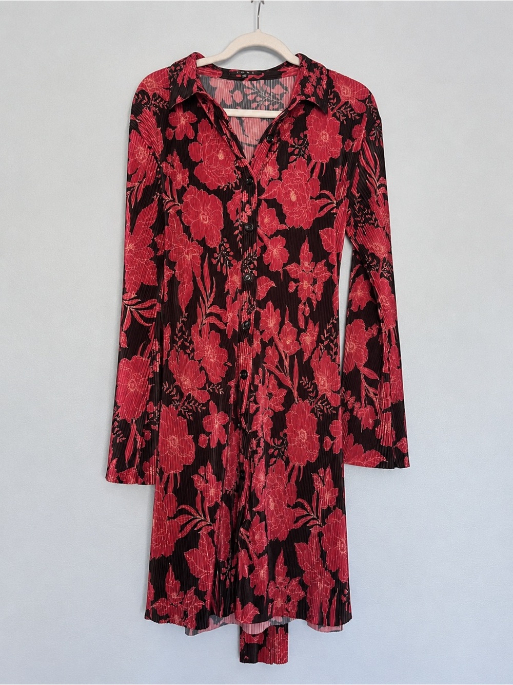 Black and Red Floral Long-Sleeve Button Dress